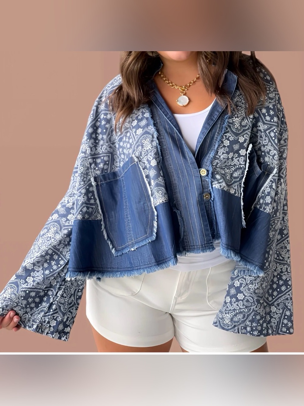 eesome Blue Patchwork Bandana Print Cropped Oversized Jacket